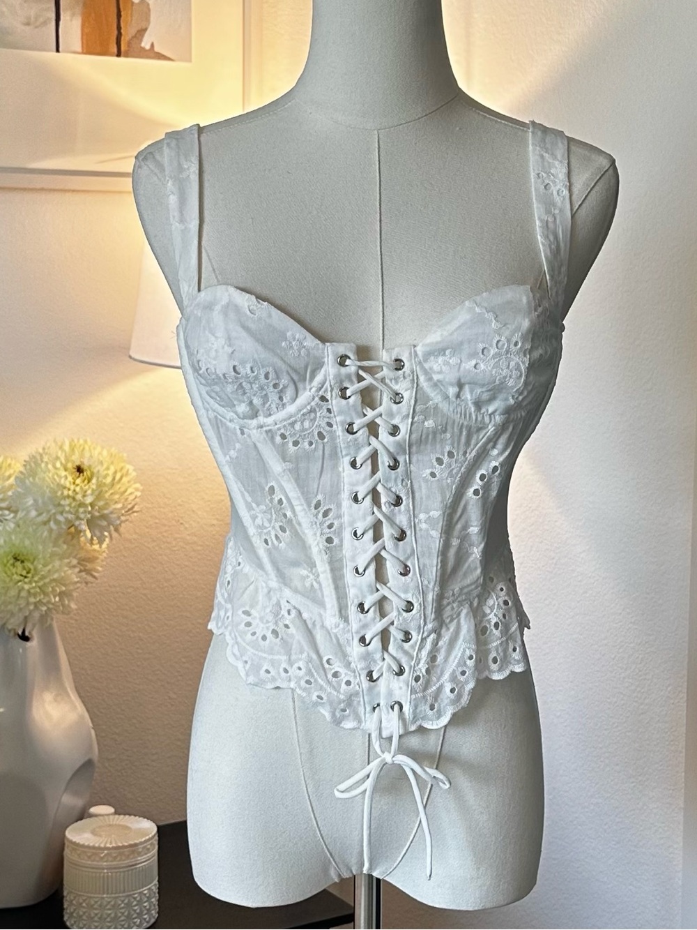 Finesse Lyle White Eyelet Lace-Up Corset Top Size S